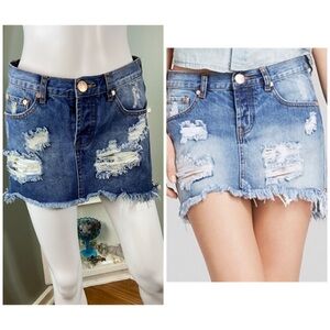 One Teaspoon Junkyard Size 24 Medium Blue Wash Distressed Mini Denim Jean Skirt